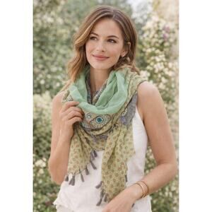 Old Navy Boho Green Gray Mixed Print Tassel Scarf Lightweight Wrap Shawl